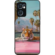 Coque OPPO Reno7 5G - Silicone rigide noir Tigre voiture rose