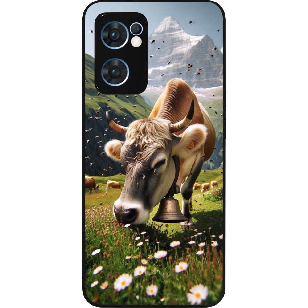 Coque OPPO Reno7 5G - Silicone rigide noir Vache montagne Valais