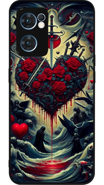 Coque OPPO Reno7 5G - Silicone rigide noir Dark Love Coeur Sang