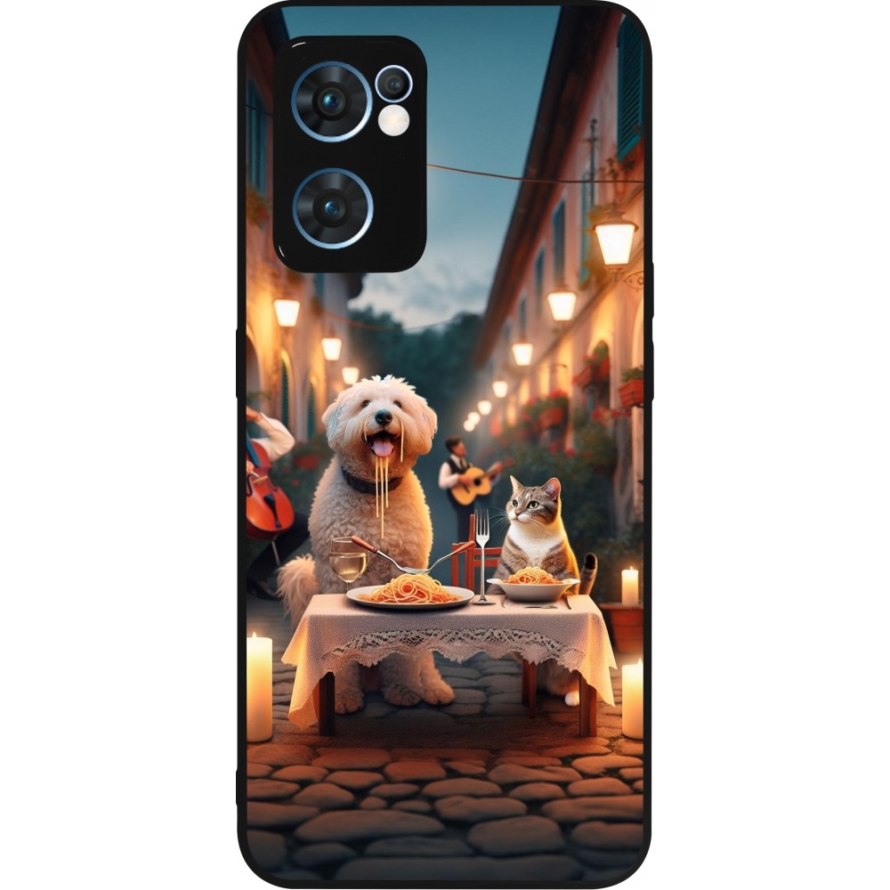 Coque OPPO Reno7 5G - Silicone rigide noir Valentine 2024 Dog & Cat Candlelight