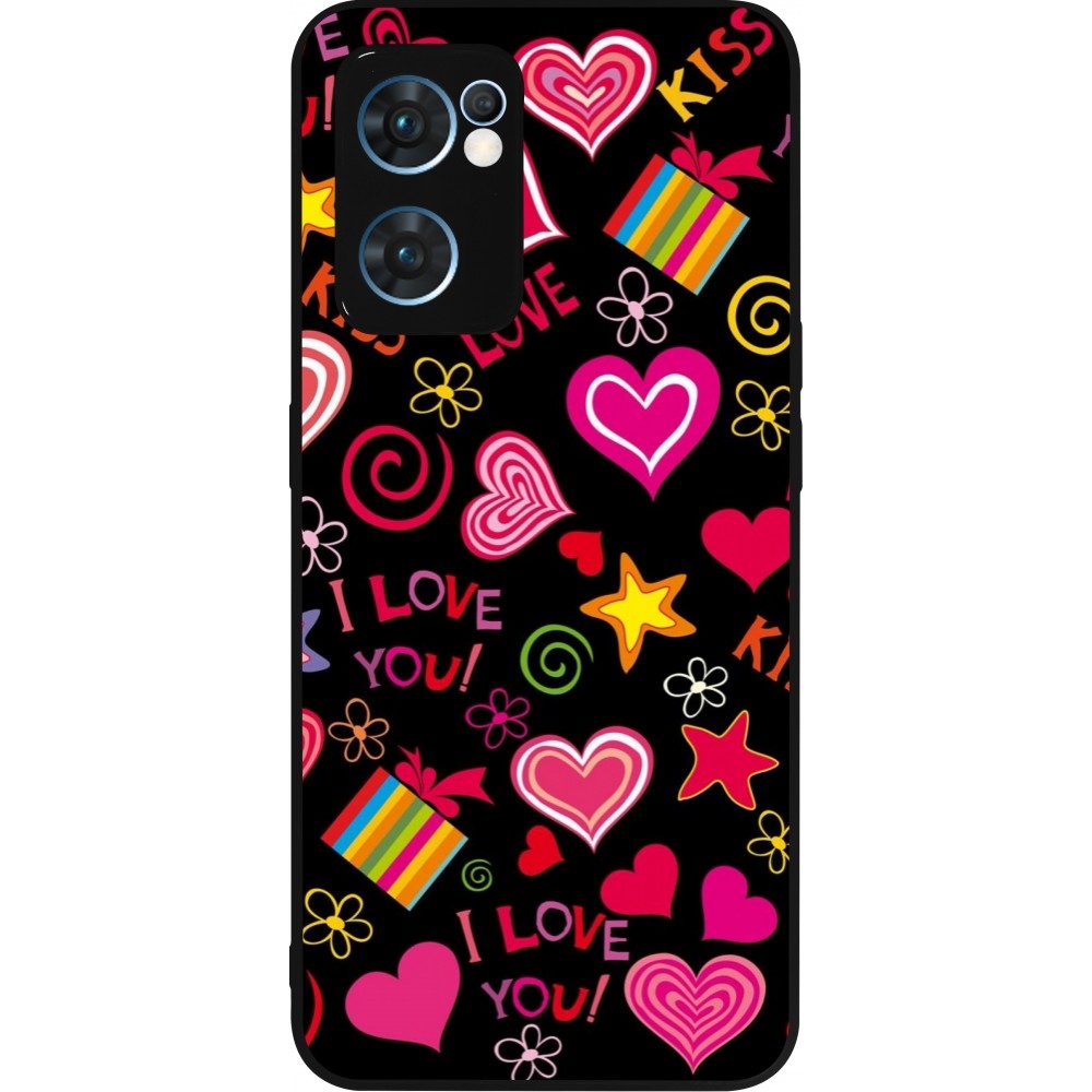 Coque OPPO Reno7 5G - Silicone rigide noir Valentine 2023 love symbols