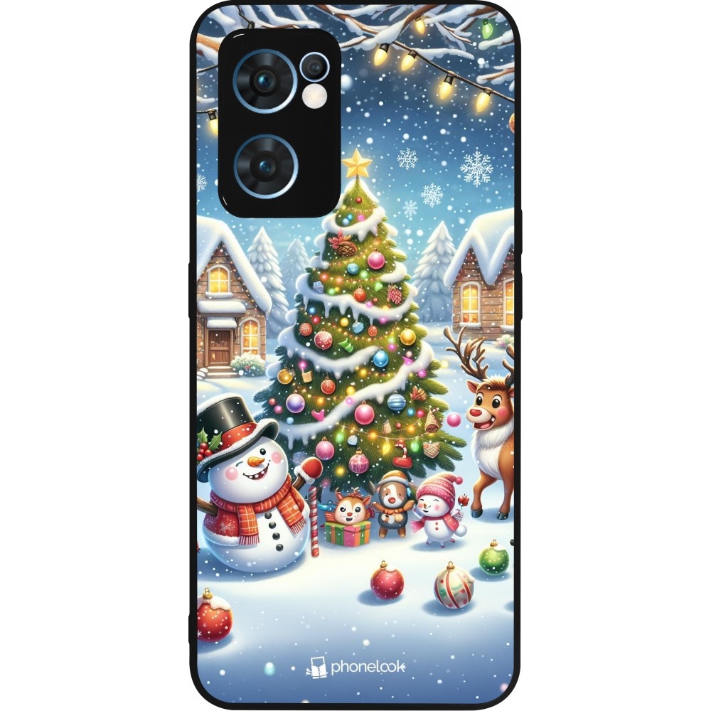 Coque OPPO Reno7 5G - Silicone rigide noir Noël 2023 bonhomme de neige et sapin