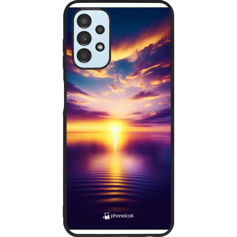 Coque Samsung Galaxy A13 5G - Silicone rigide noir Coucher soleil jaune violet