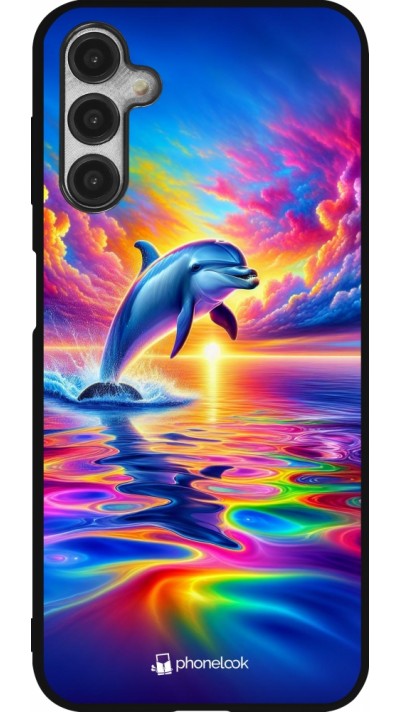 Coque Samsung Galaxy A14 5G - Silicone rigide noir Dauphin arc-en-ciel heureux