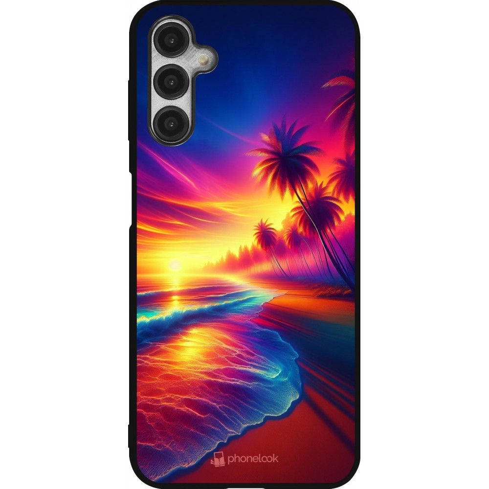 Coque Samsung Galaxy A14 5G - Silicone rigide noir Plage coucher soleil flashy