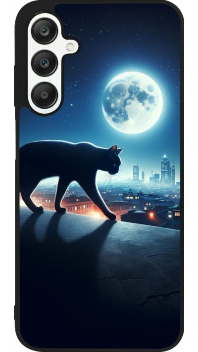 Coque Samsung Galaxy A25 - Silicone rigide noir Chat noir sous la pleine lune