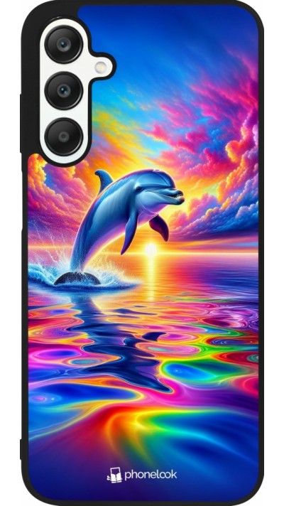 Coque Samsung Galaxy A25 - Silicone rigide noir Dauphin arc-en-ciel heureux