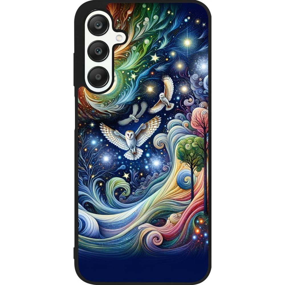 Coque Samsung Galaxy A25 - Silicone rigide noir hibou volant floral