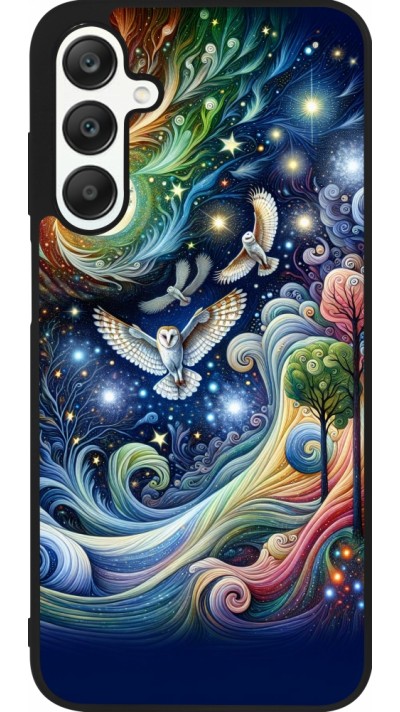 Coque Samsung Galaxy A25 - Silicone rigide noir hibou volant floral