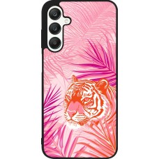 Coque Samsung Galaxy A25 - Silicone rigide noir Tigre palmiers roses