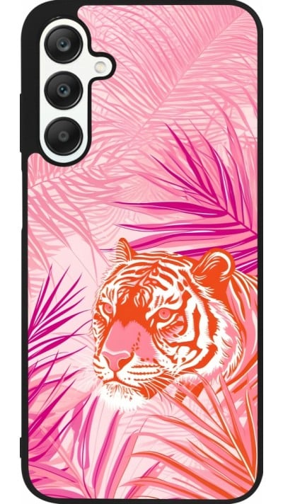 Coque Samsung Galaxy A25 - Silicone rigide noir Tigre palmiers roses