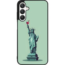 Coque Samsung Galaxy A25 - Silicone rigide noir Wine Statue de la liberté avec un verre de vin