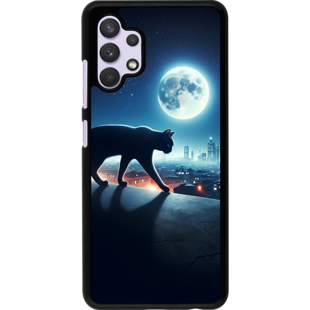 Coque Samsung Galaxy A32 - Chat noir sous la pleine lune