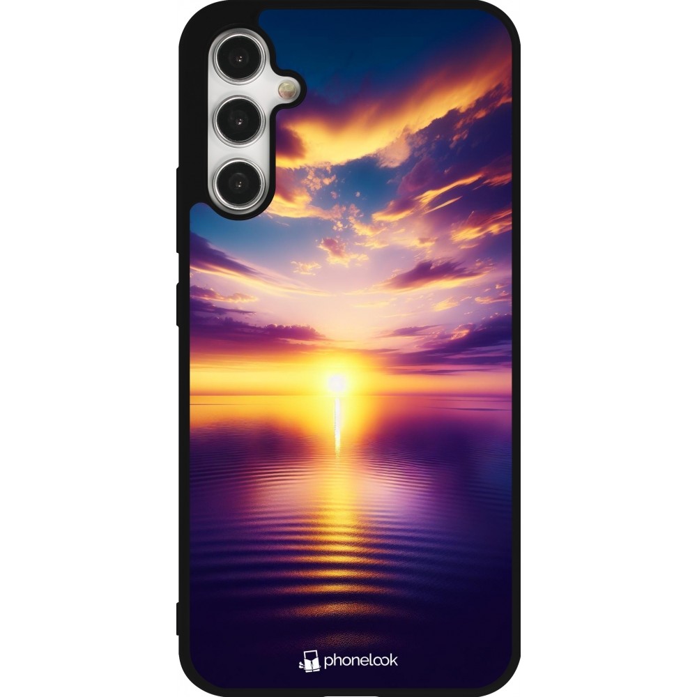 Coque Samsung Galaxy A34 5G - Silicone rigide noir Coucher soleil jaune violet