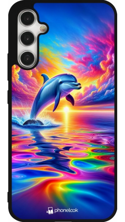 Coque Samsung Galaxy A34 5G - Silicone rigide noir Dauphin arc-en-ciel heureux