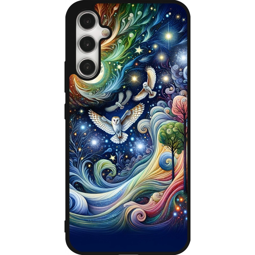 Coque Samsung Galaxy A34 5G - Silicone rigide noir hibou volant floral