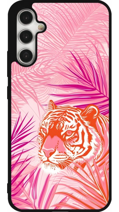 Coque Samsung Galaxy A34 5G - Silicone rigide noir Tigre palmiers roses