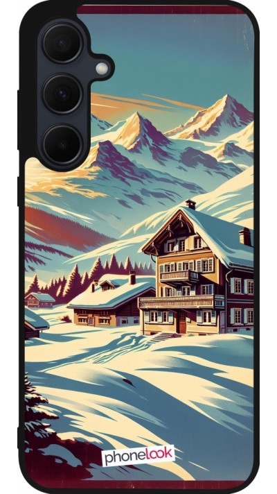 Coque Samsung Galaxy A35 5G - Silicone rigide noir Chalet montagne enneigée