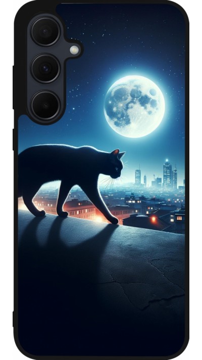 Coque Samsung Galaxy A35 5G - Silicone rigide noir Chat noir sous la pleine lune