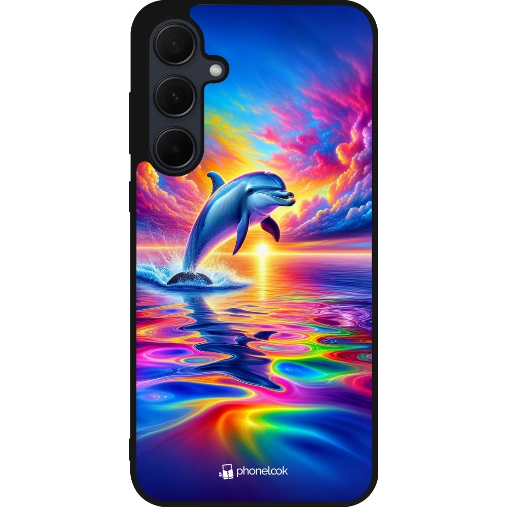 Coque Samsung Galaxy A35 5G - Silicone rigide noir Dauphin arc-en-ciel heureux