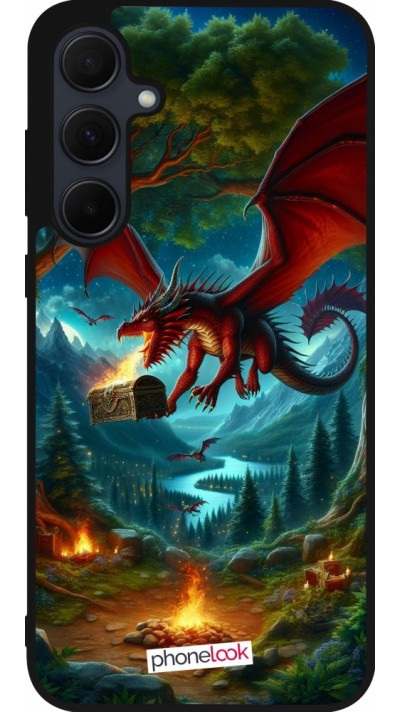 Coque Samsung Galaxy A35 5G - Silicone rigide noir Dragon Volant Forêt Trésor