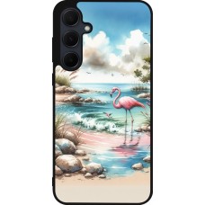 Coque Samsung Galaxy A35 5G - Silicone rigide noir Flamant rose aquarelle