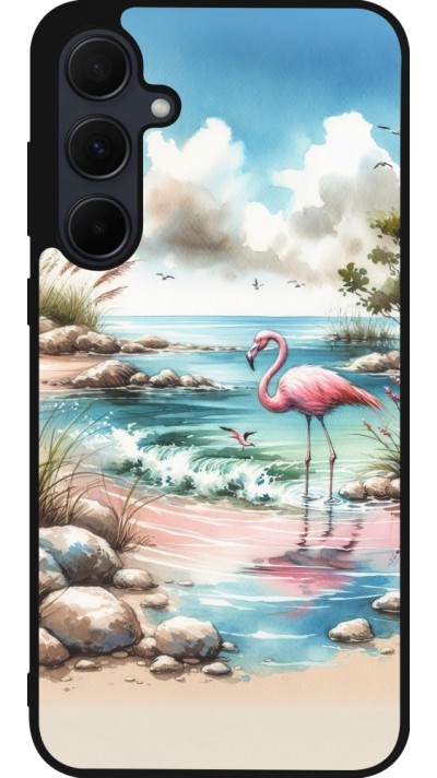 Coque Samsung Galaxy A35 5G - Silicone rigide noir Flamant rose aquarelle