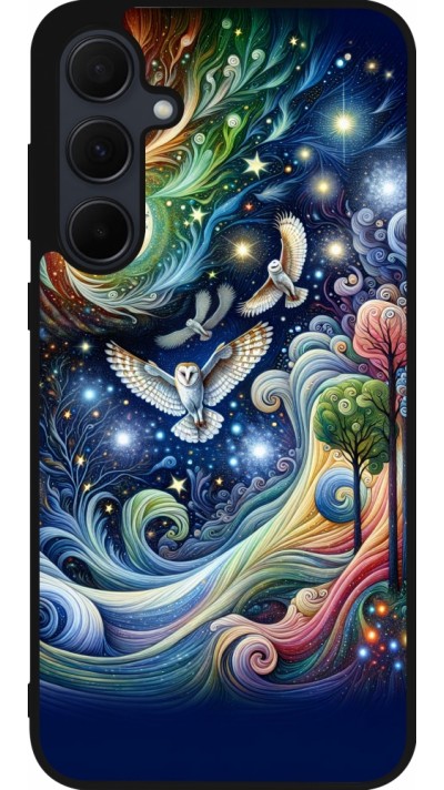 Coque Samsung Galaxy A35 5G - Silicone rigide noir hibou volant floral