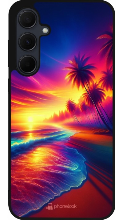 Coque Samsung Galaxy A35 5G - Silicone rigide noir Plage coucher soleil flashy