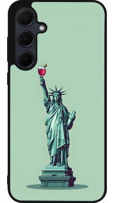 Samsung Galaxy A35 5G Case Hülle - Silikon schwarz Freiheitsstatue mit einem Glas Wein