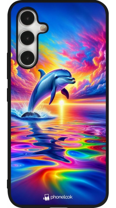 Coque Samsung Galaxy A54 5G - Silicone rigide noir Dauphin arc-en-ciel heureux