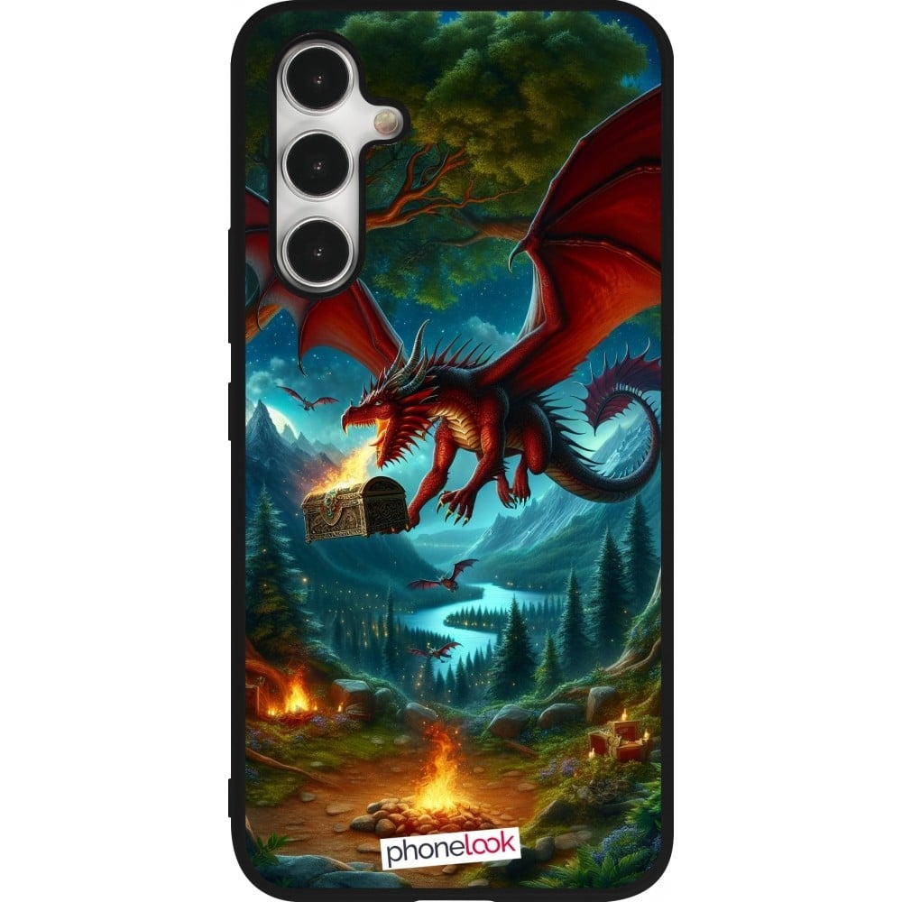 Coque Samsung Galaxy A54 5G - Silicone rigide noir Dragon Volant Forêt Trésor