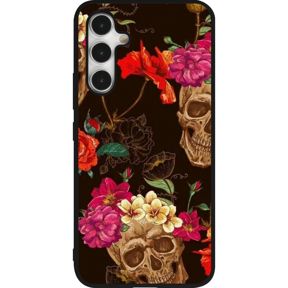 Coque Samsung Galaxy A54 5G - Silicone rigide noir Skulls and flowers