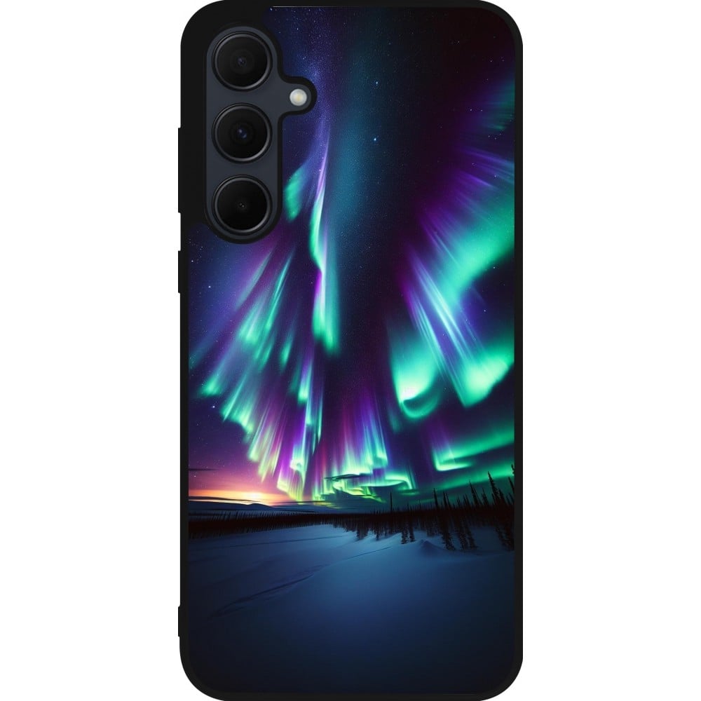 Coque Samsung Galaxy A55 5G - Silicone rigide noir Aurore Boréale Étincelante