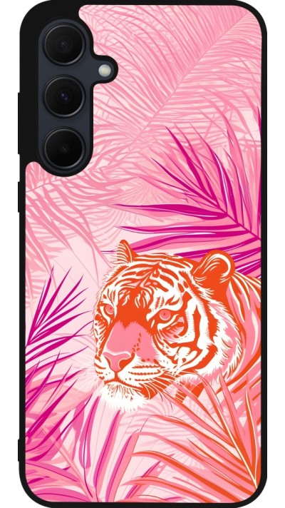 Coque Samsung Galaxy A55 5G - Silicone rigide noir Tigre palmiers roses