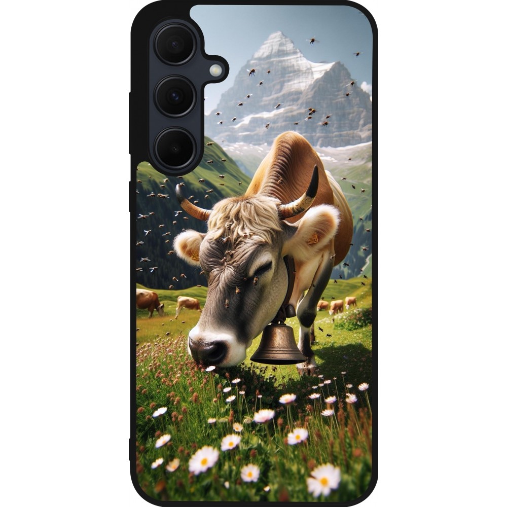 Coque Samsung Galaxy A55 5G - Silicone rigide noir Vache montagne Valais