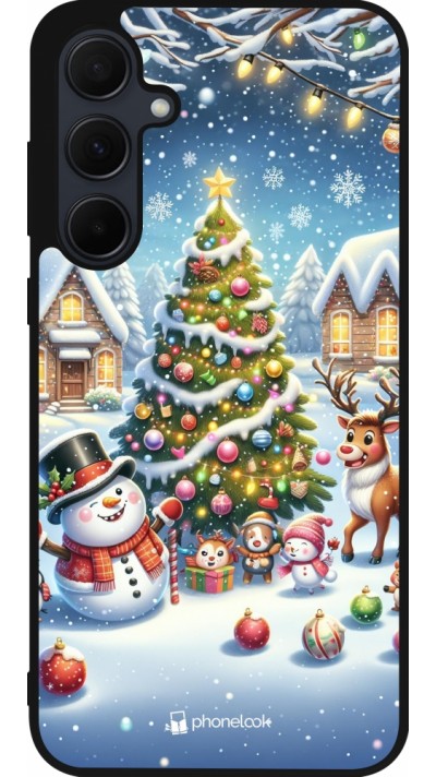 Coque Samsung Galaxy A55 5G - Silicone rigide noir Noël 2023 bonhomme de neige et sapin