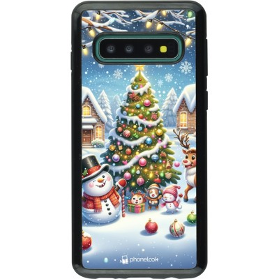 Coque Samsung Galaxy S10 - Hybrid Armor noir Noël 2023 bonhomme de neige et sapin