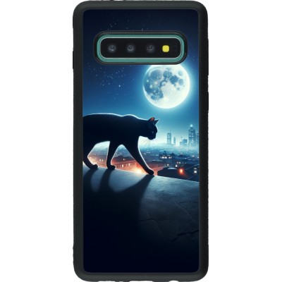 Coque Samsung Galaxy S10 - Silicone rigide noir Chat noir sous la pleine lune