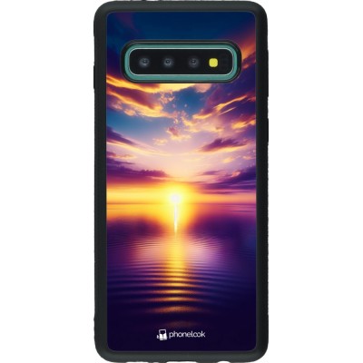 Coque Samsung Galaxy S10 - Silicone rigide noir Coucher soleil jaune violet