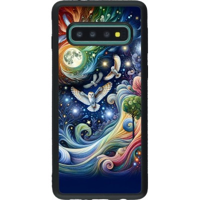 Coque Samsung Galaxy S10 - Silicone rigide noir hibou volant floral