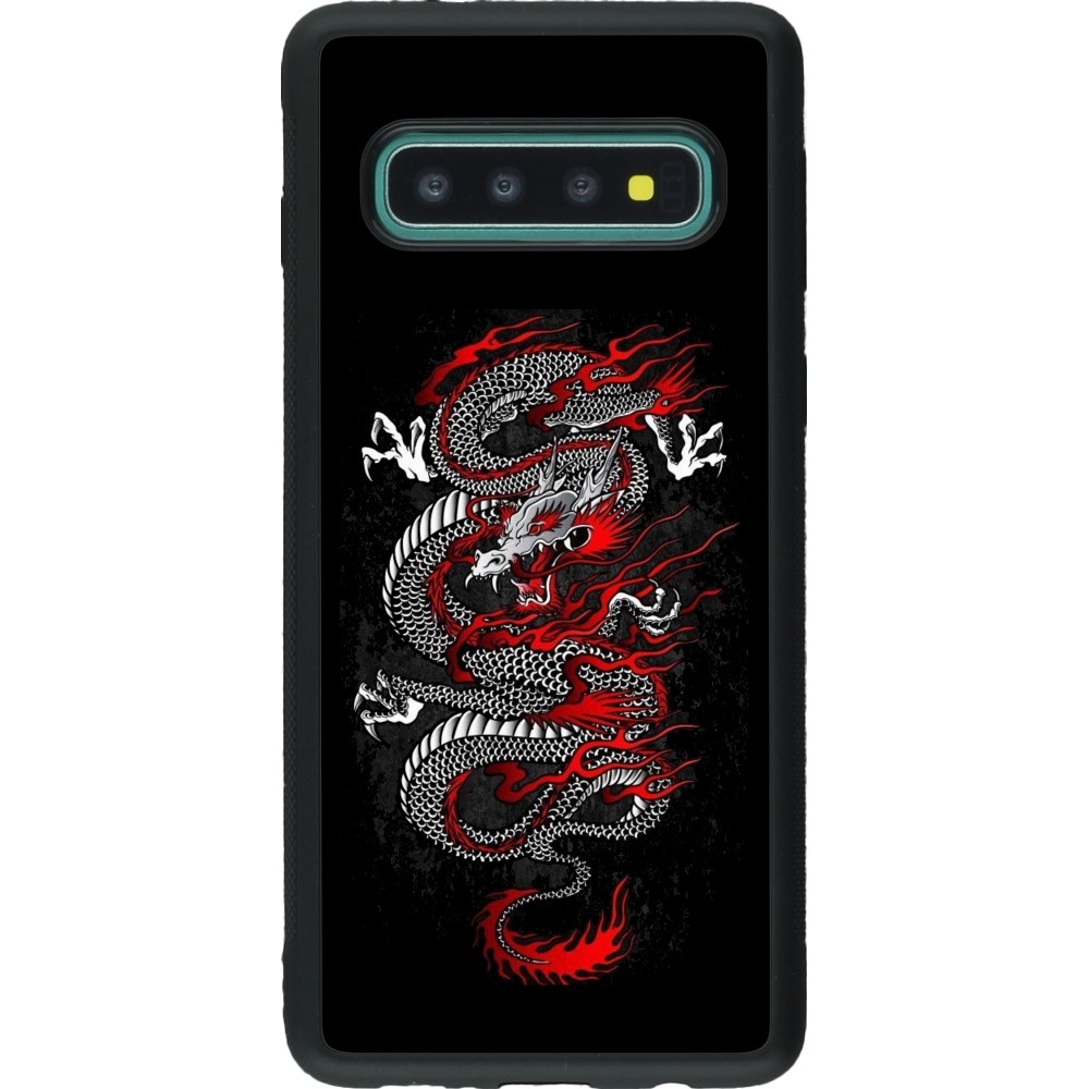 Coque Samsung Galaxy S10 - Silicone rigide noir Japanese style Dragon Tattoo Red Black