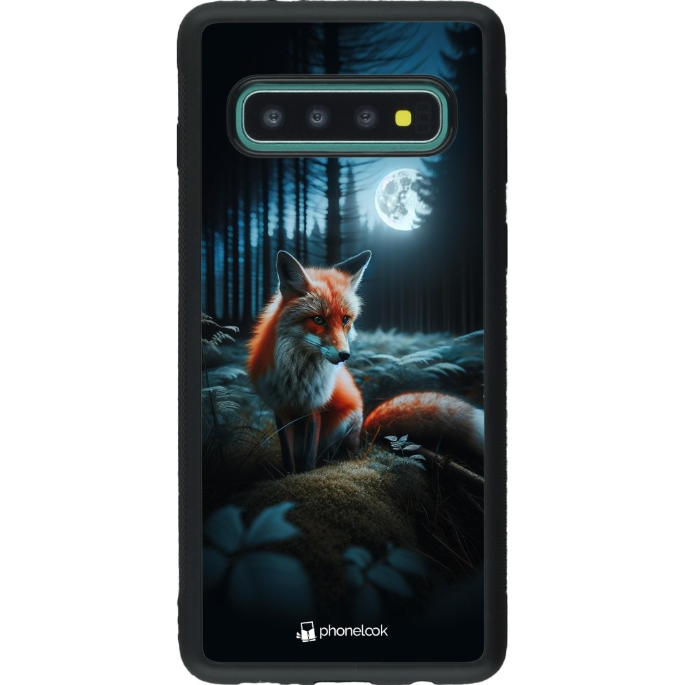 Coque Samsung Galaxy S10 - Silicone rigide noir Renard lune forêt