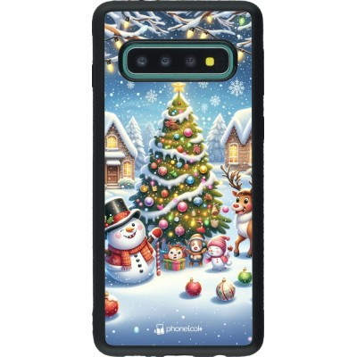 Coque Samsung Galaxy S10 - Silicone rigide noir Noël 2023 bonhomme de neige et sapin