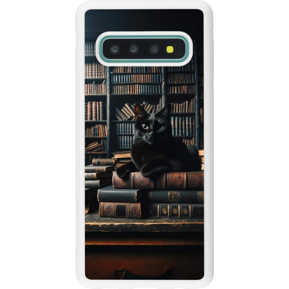 Coque Samsung Galaxy S10 - Silicone rigide blanc Chat livres sombres