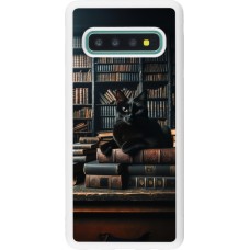 Coque Samsung Galaxy S10 - Silicone rigide blanc Chat livres sombres