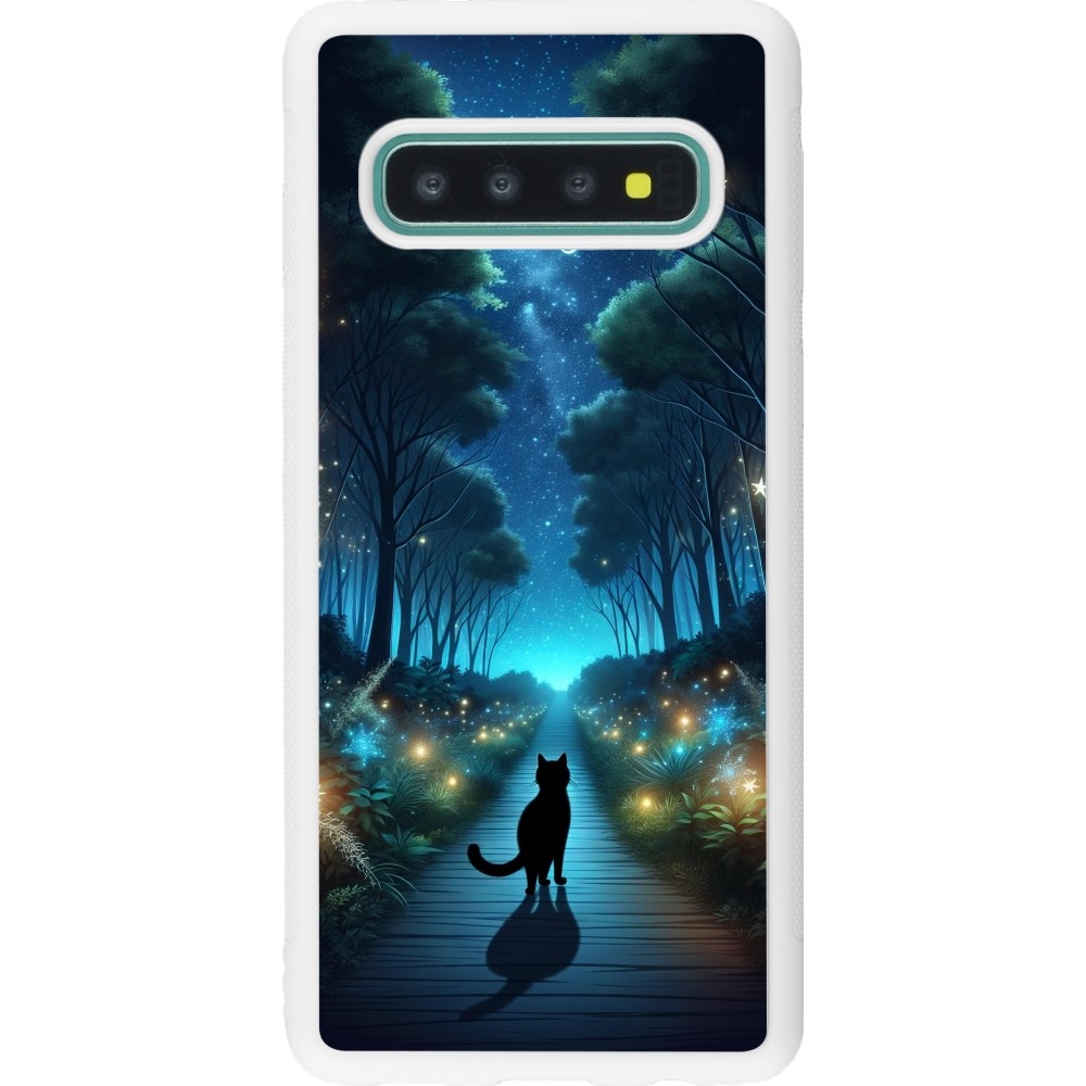 Coque Samsung Galaxy S10 - Silicone rigide blanc Chat noir promenade