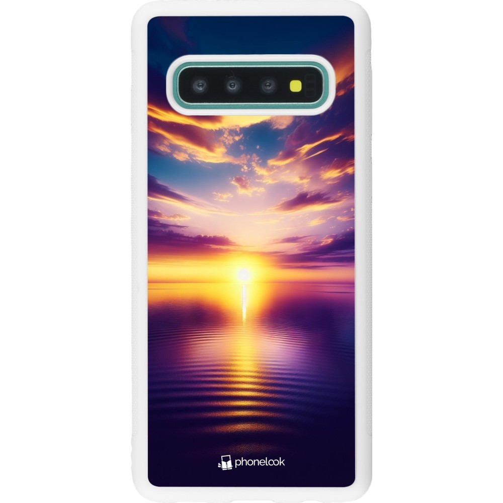 Coque Samsung Galaxy S10 - Silicone rigide blanc Coucher soleil jaune violet