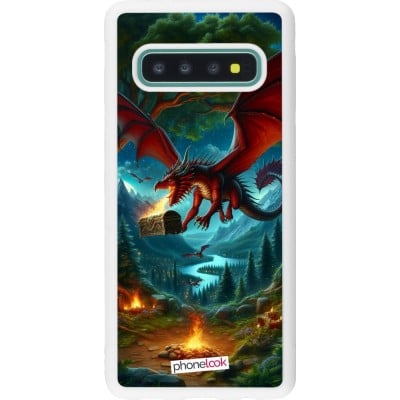 Coque Samsung Galaxy S10 - Silicone rigide blanc Dragon Volant Forêt Trésor