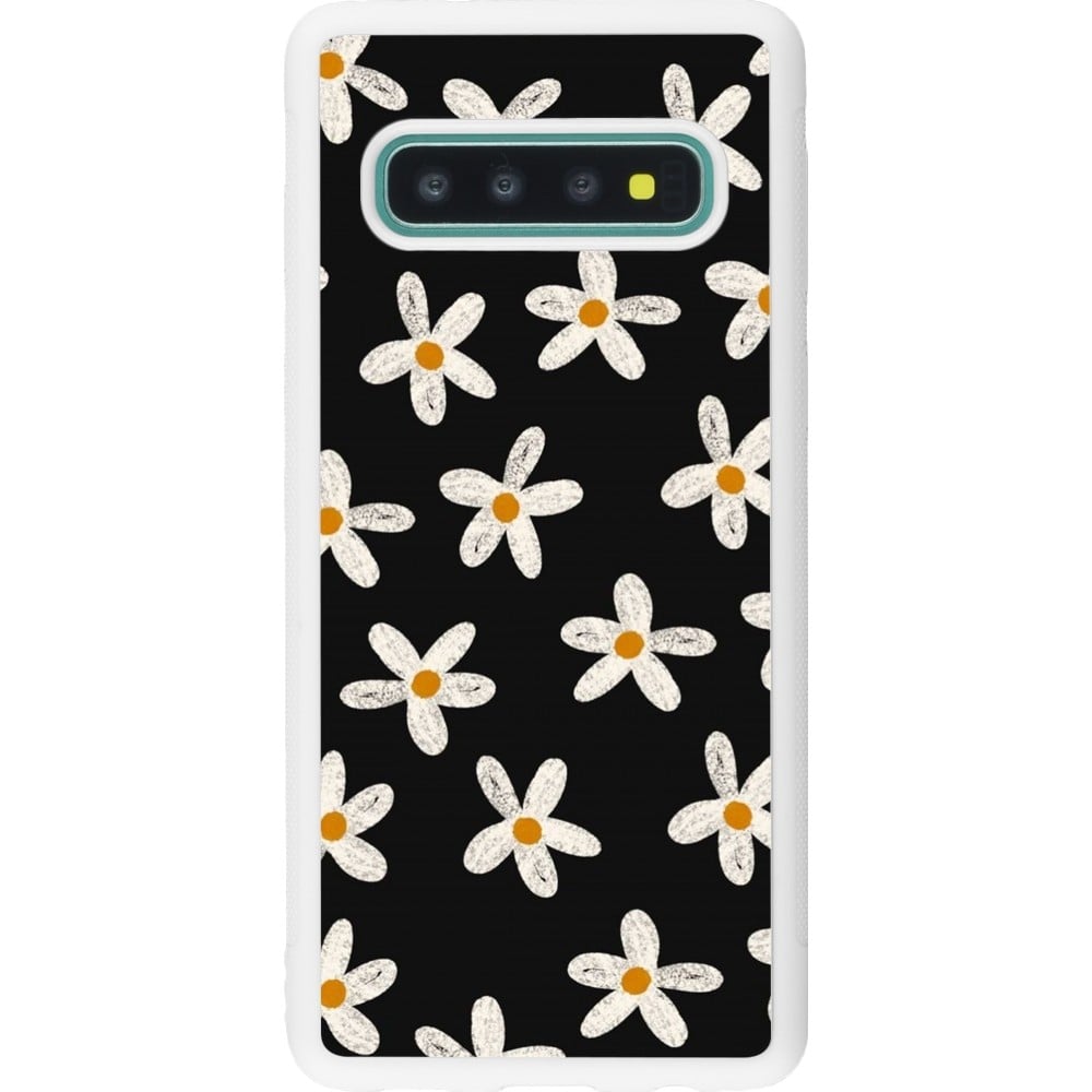 Coque Samsung Galaxy S10 - Silicone rigide blanc Easter 2024 white on black flower